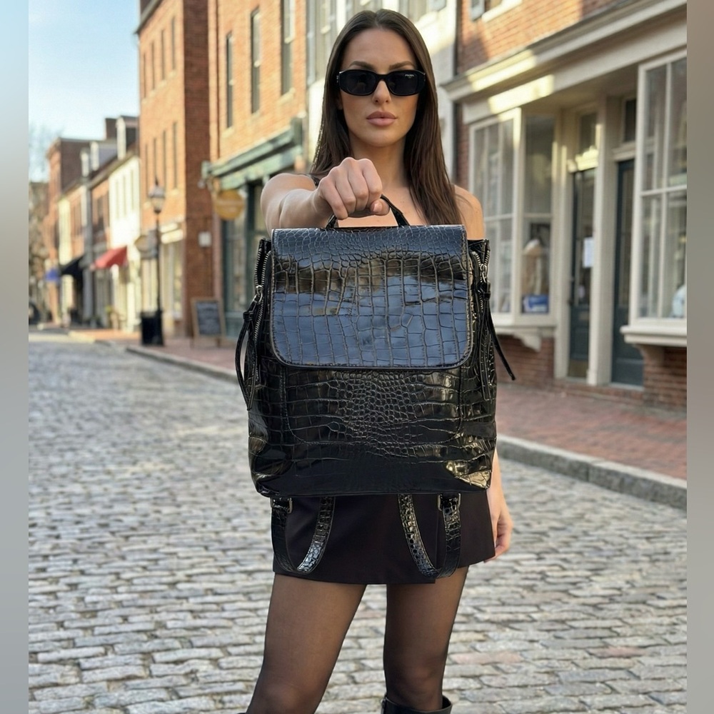 Stradivarius Black Croc Embossed Backpack Patent Faux Leather Chic Bag